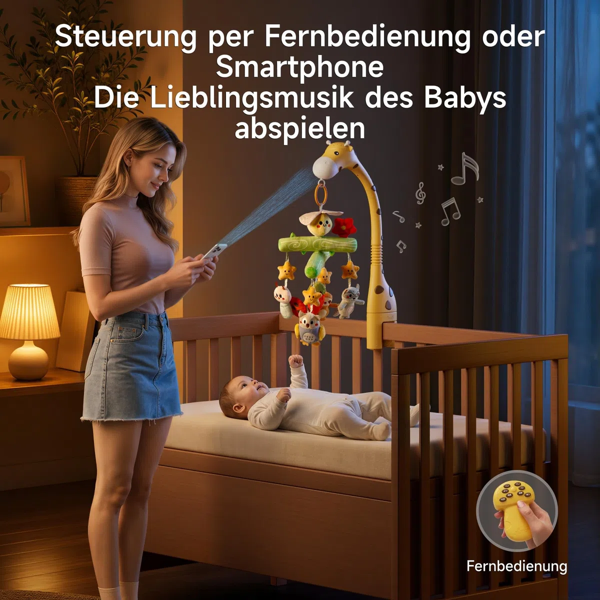 TUMAMA KIDS Baby Mobile für Babybett, Spielzeug Kinderbett mit Licht, Musik | Baby Schlafprojektor, 3 in1 Giraffe Bettspielzeug mit hängendem Bienen Plüschtier, Musik Spieluhr Mobile Kinder Geschenk