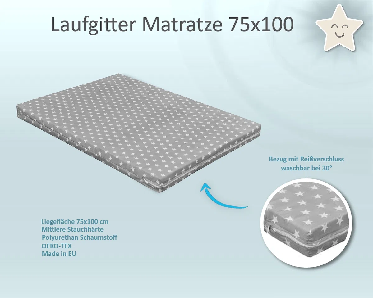 Laufgittermatratze 75x100 cm für Laufstall Laufgitter Schaumstoff Matratze Grey Stars Oeko-TEX