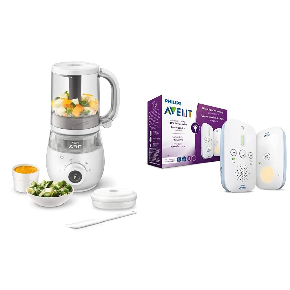 Philips Avent 4-in-1-Babynahrungszubereiter SCF883/01, Dampfgarer, Dampfgaren, Mixen, 1000ml Kapazität, weiß & Audio Babyphone SCD503/26 - DECT-Technologie, Kristallklarer Klang, weiß