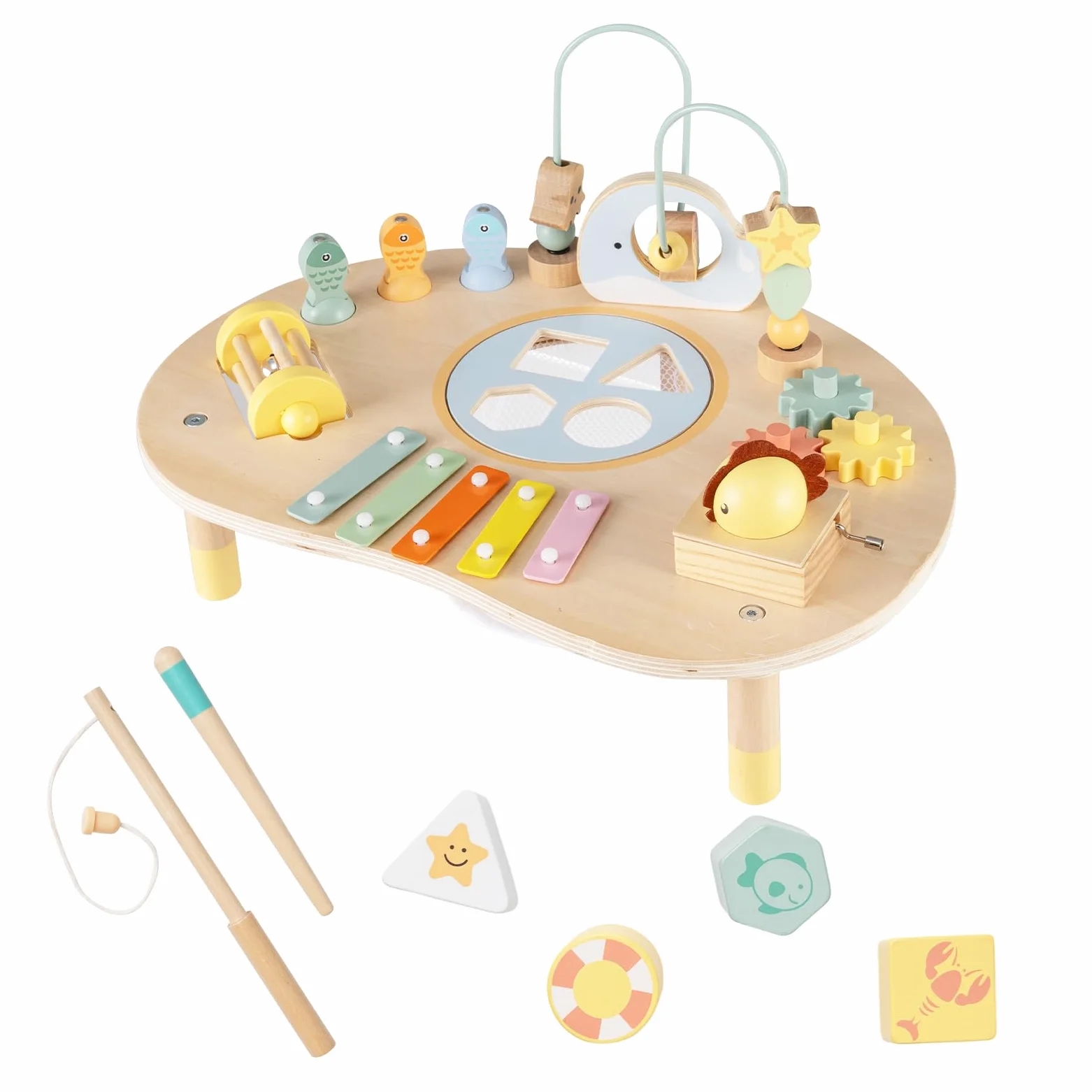 COSTWAY Aktivitätstisch Holz, Baby Montessori Spieltisch mit Motorikschleifen, Angelspiel, Xylophon, Spieluhr, Formensortierer, Motoriktisch Lernspielzeug für Kinder ab 1 Jahr