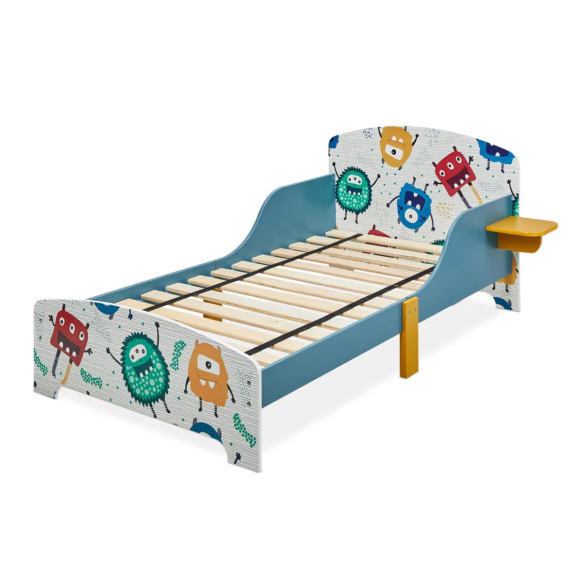 Relaxdays Kinderbett kleine Monster, Rausfallschutz, HBT 60x94x143 cm, Lattenrost, Kleinkindbett, Ablage, MDF, blau/weiß