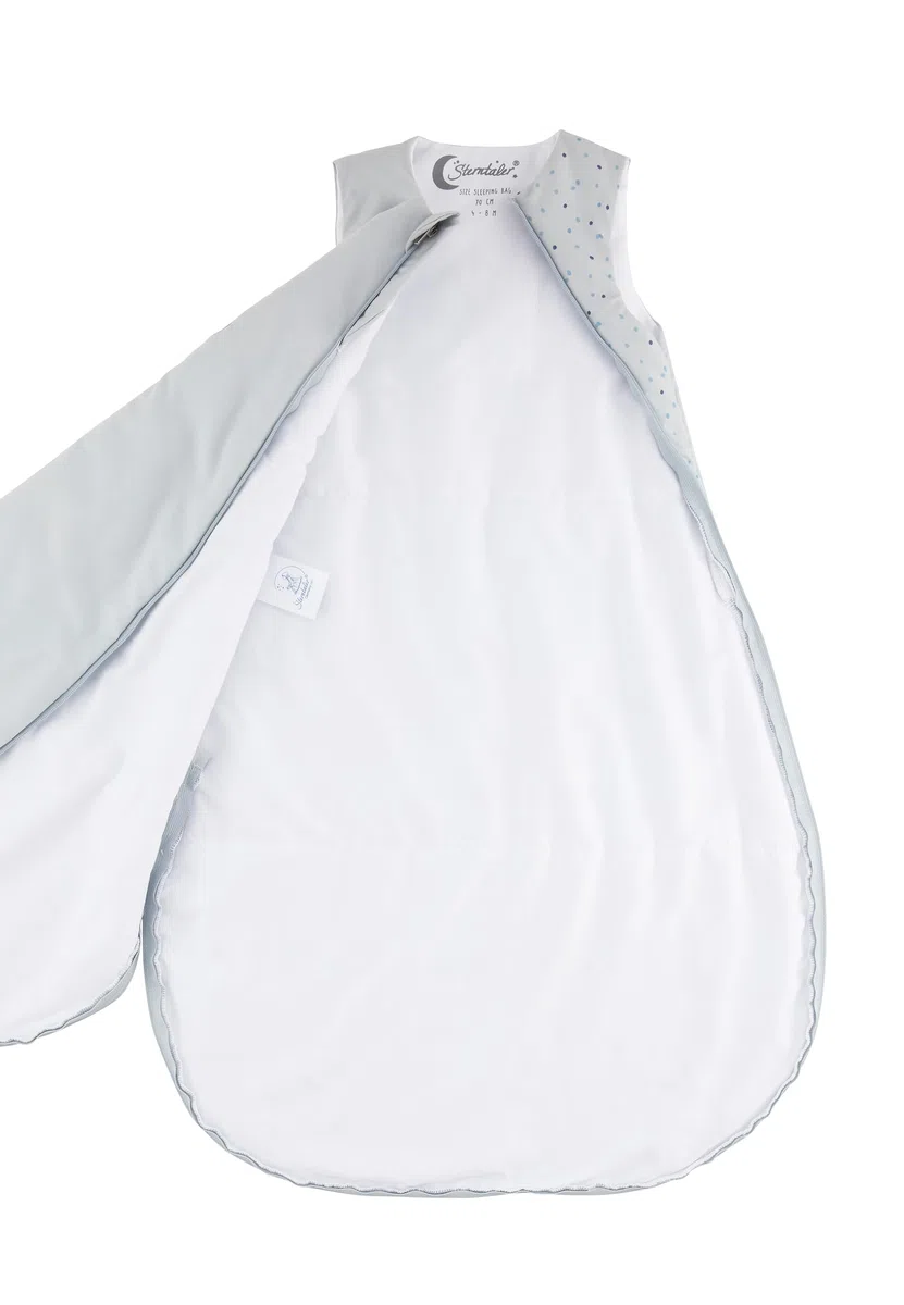 Sterntaler Schlafsack 90 cm Dino Rexi - Kinder und Baby Schlafsack aus gemustertem Polycotton mit feuchtigkeitsregulierendem Futter, wattiert, seitliche Kabelöffnung, TOG 1,5 - graublau