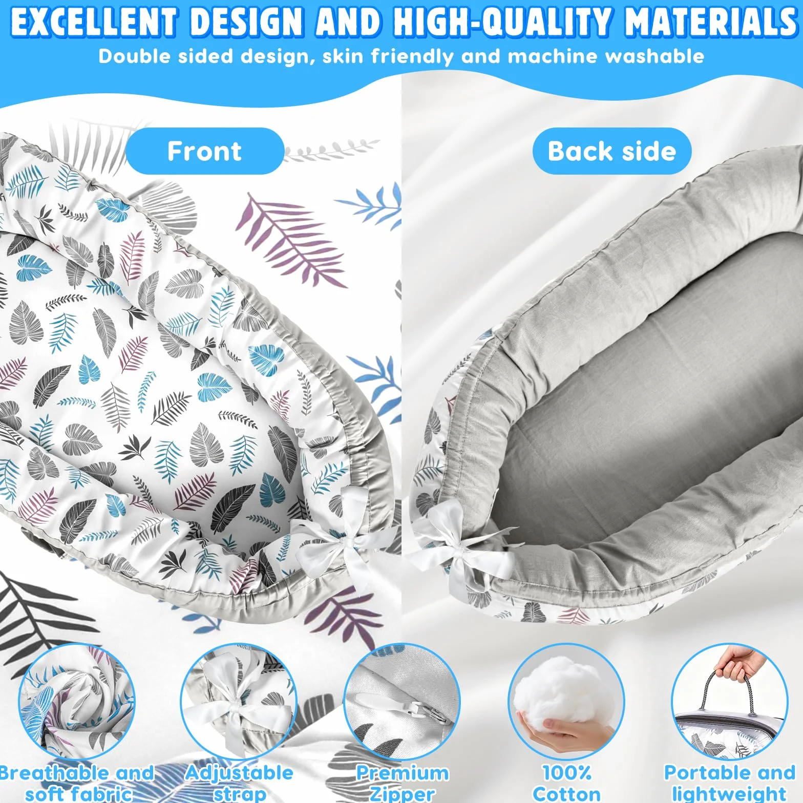 Babynestchen Neugeborene, Nestchen Baby 90x50 cm, Weich Und Bequem, 100% Baumwolle, Zweiseitiges Babybett, Tragbares Babynest mit Tragegriff, für Jungen Und Mädchen Von 0 Bis 24 Monaten
