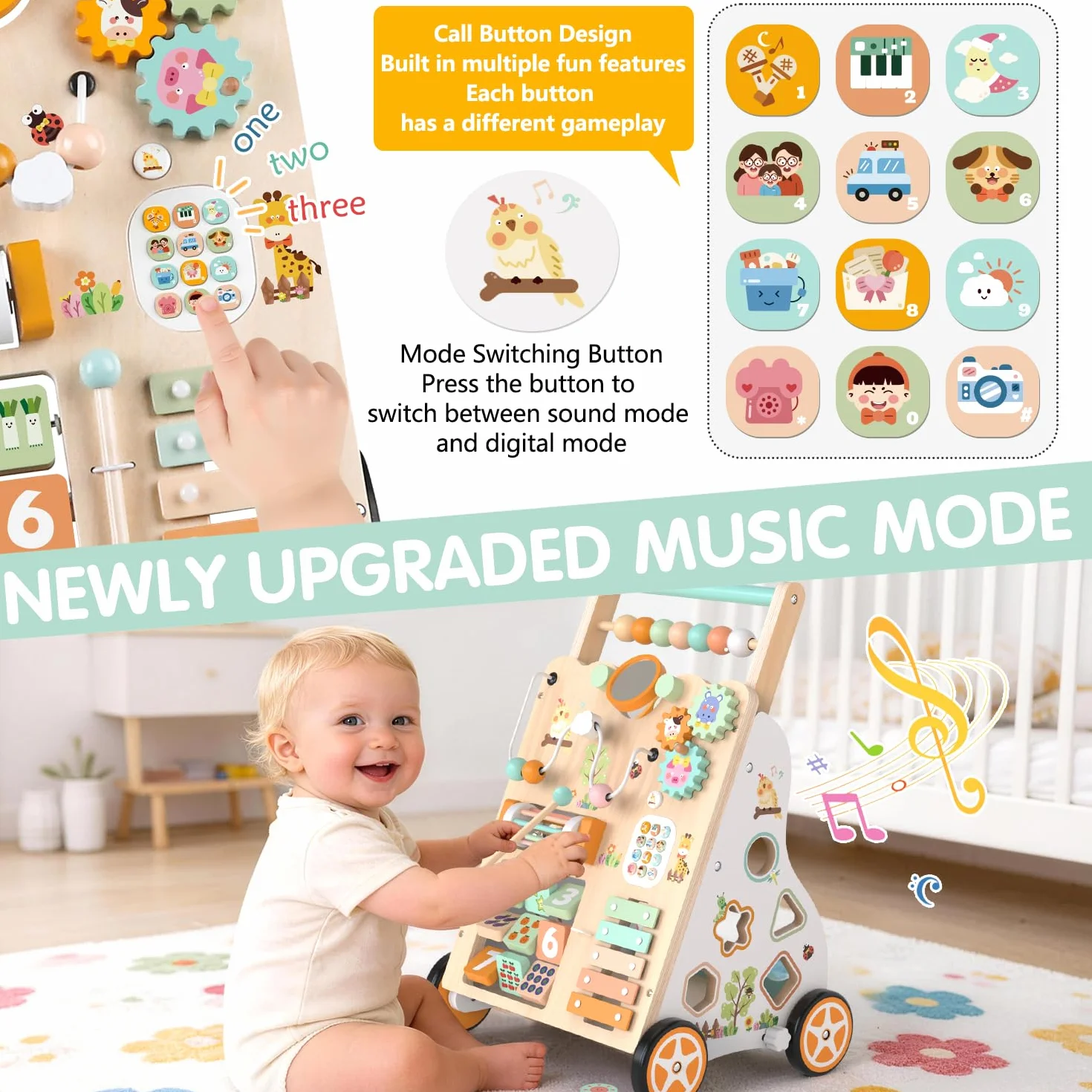 Weilim Baby Lauflernwagen Holz, Montessori Lauflernhilfe ab 12 Monaten | Sensorik-Spielzeug 10 Aktivitäten, Geschwindigkeit & Höhe verstellbar, Xylophon Labyrinth Perlen Spiegel, Jungen & Mädchen