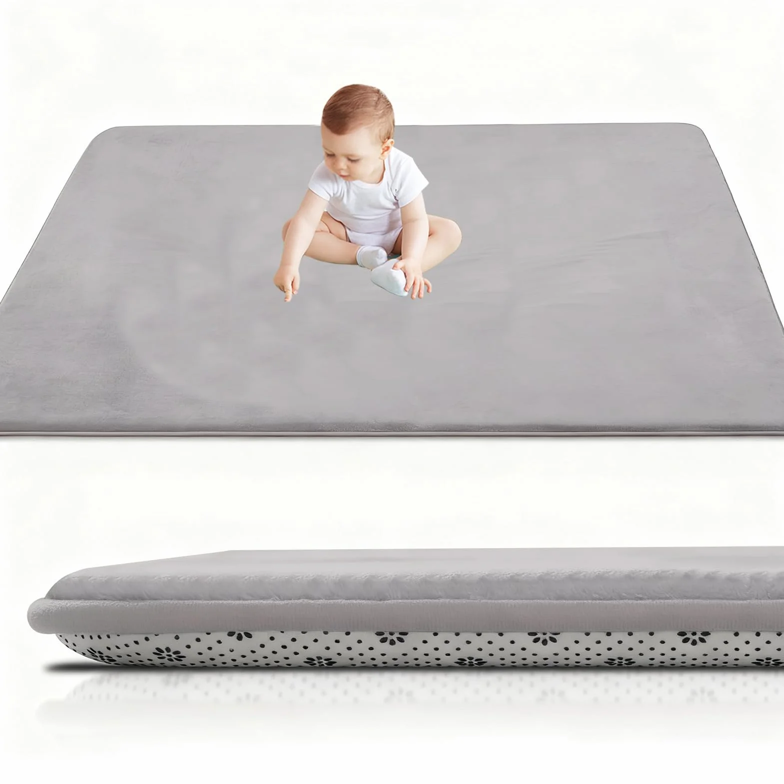 Baby Spielmatte, 200 x 400 cm x 2cm dick großer Rutschfester Kinderteppich, Memory-Schaumstoff Krabbelmatte für Bauchlage, Krabbelmatte Baby Faltbar Spielmatte Kinder Spieldecke Silbergrau