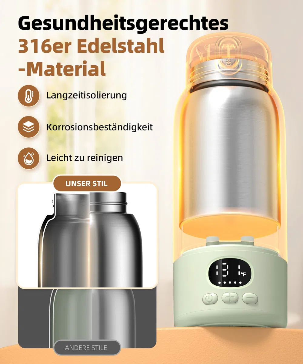 Flaschenwärmer Baby unterwegs Kabellos, Schneller Erwärmer 500 ml | Präzise Temperaturregelung, 316 Edelstahl, 14800mAh Akku, USB-C, Trockengehschutz, Auslaufsicher, unterwegs & Auto