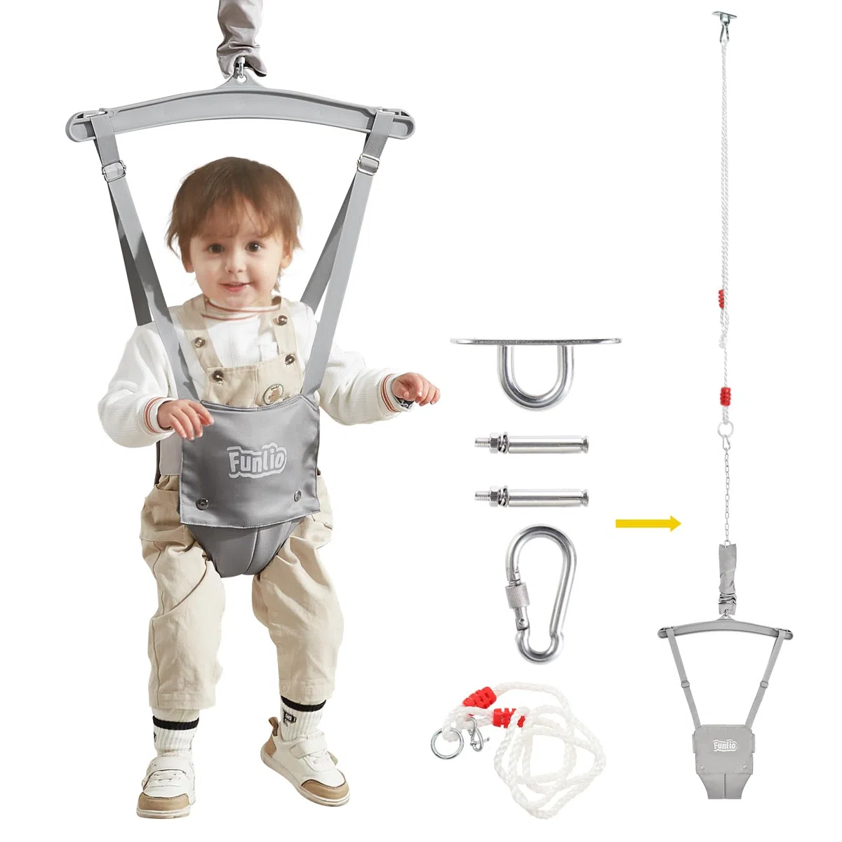 FUNLIO Baby Türhopser mit Deckenhaken für 6–24 Monate, Baby Hüpfschaukel für Drinnen und Draußen, Kleinkind Türhopser mit Verstellbarer Kette, einfach zu Montieren und Aufzubewahren - Grau