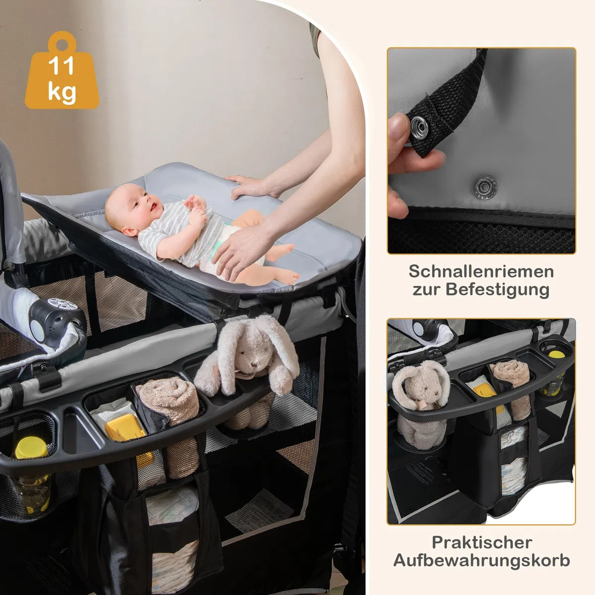 COSTWAY 6 in 1 Reisebett mit Matratze, mobile Babywiege mit verstellbarem Vordach, Babybett Beistellbett klappbar mit Wickelauflage, Spieluhr & Tragetasche für Baby bis 3 Jahre, 15 kg Belastbar (Grau)