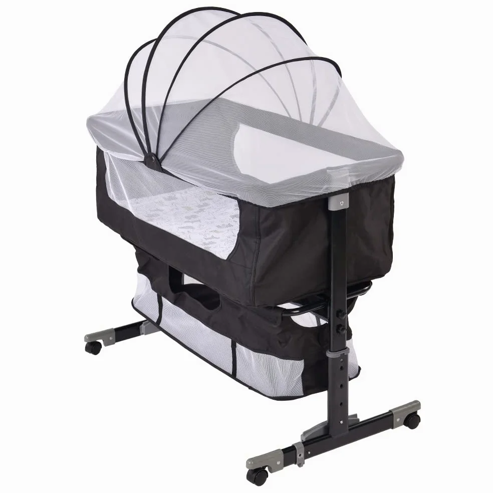 HUOLE Beistellbett Baby mit Aufbewahrungskorb, Einfach Zusammenklappbares Tragbares Kinderbett,Verstellbares Tragbares Bett für Säuglinge/Neugeborene, 92 * 58 * 70-90cm-schwarz