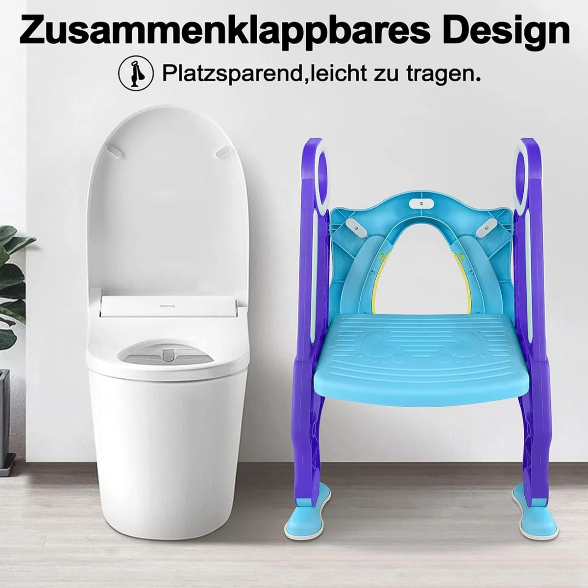 Toilettensitz Kinder mit Treppe, Aufun Toilettentrainer Faltbar Leiter Lerntöpfchen mit Treppe Baby Wc-Sitz mit PU Gepolstert Kissen und Griffen Töpfchen (Blau und Lila)
