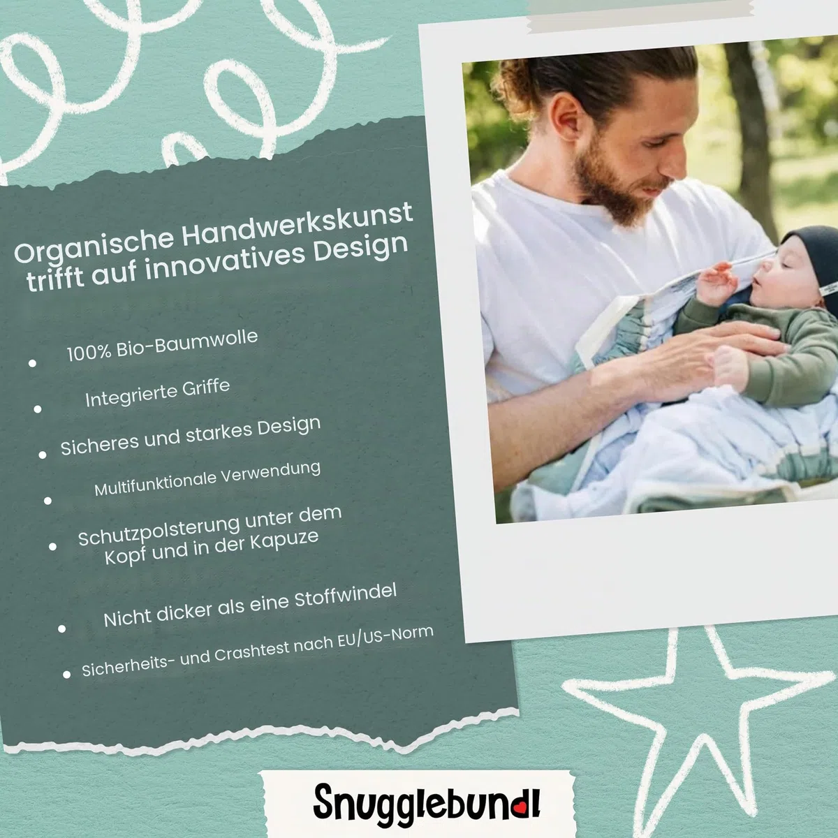 Snugglebundl Baby Bumble Babytragehilfe mit Griffen Einfach heben & legen-auch im Schlaf! 100% Bio-Baumwolle Babywiegedecke für Eltern & Hebammen Babyautositz-Decke
