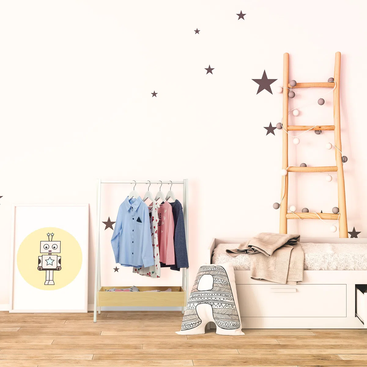 Relaxdays Kleiderständer Kinder, Standgarderobe, HxBxT 99x64,5x42,5 cm, Kleiderstange & Ablage, Kinderzimmer, weiß/natur