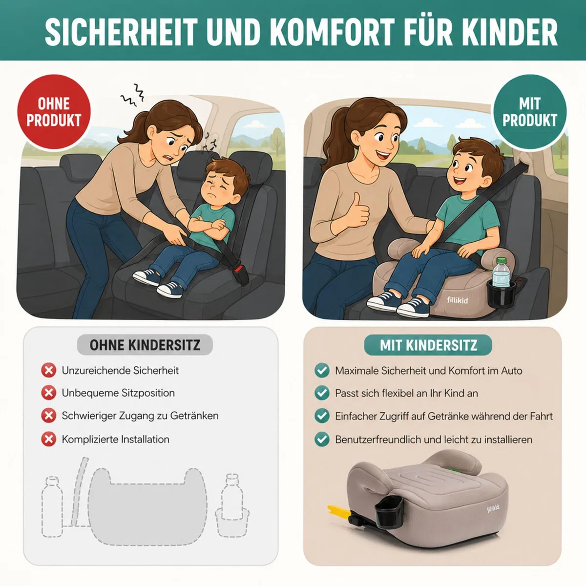 Fillikid Kindersitzerhöhung ohne Isofix, Autositzkissen für Kinder 125-150 cm 22-36 kg 6-12 Jahre