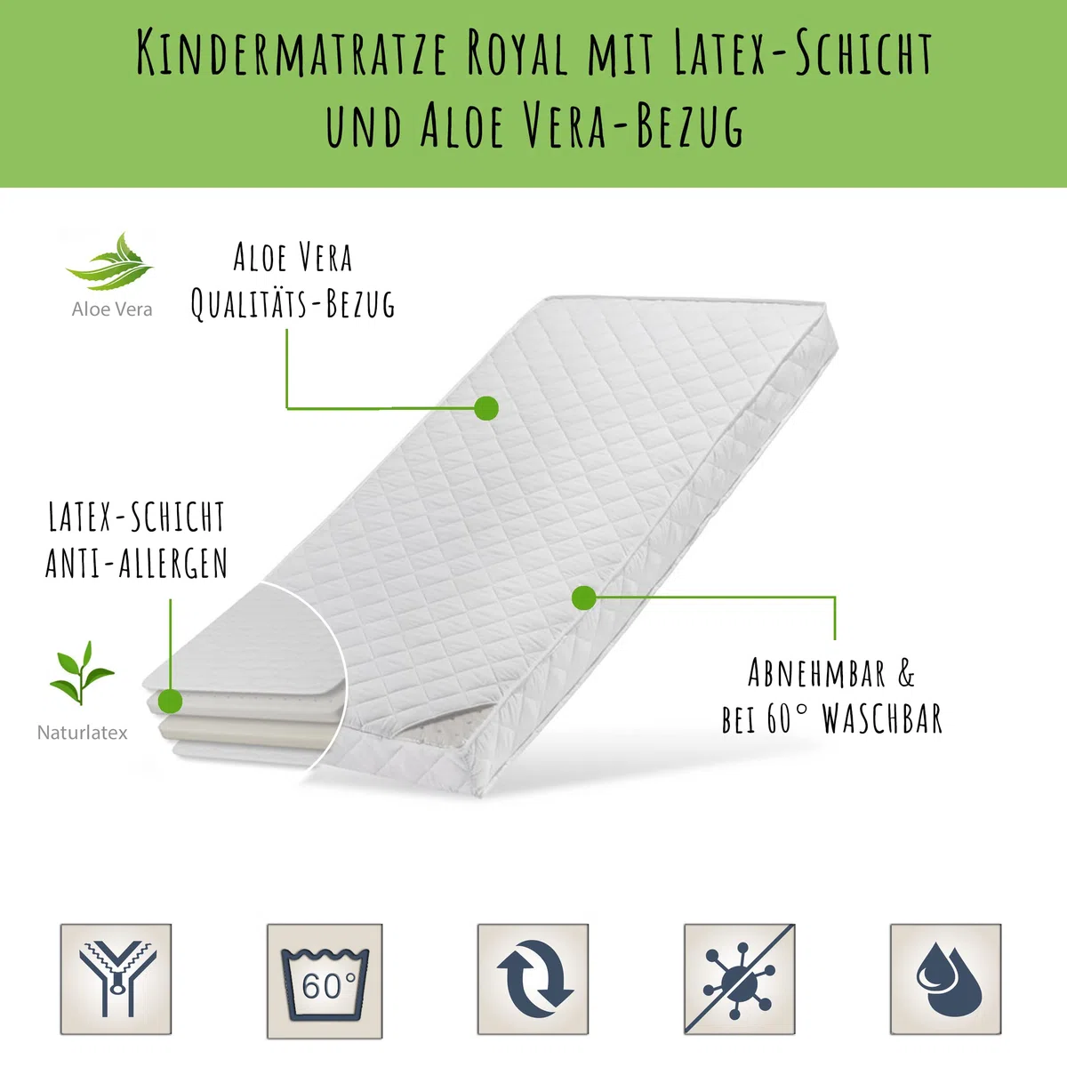 Kids Collective Kindermatratze 80x180 cm Latex Deluxe mit Aloe Vera-Bezug und Zwei Härtegraden, 10 cm hoch, Kindermatratze 80 x 180 Matratze für Kinderbett, Körpergewicht bis 60kg