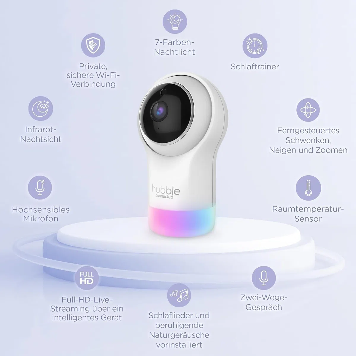 Hubble Connected Nursery Pal Glow, Babyphone mit Kamera, 7-Farben-Nachtlicht, Raumtemperatursensor, Schwenk-Neige-Zoom, 2-Wege-Kommunikation, Nachtsicht, WLAN, App