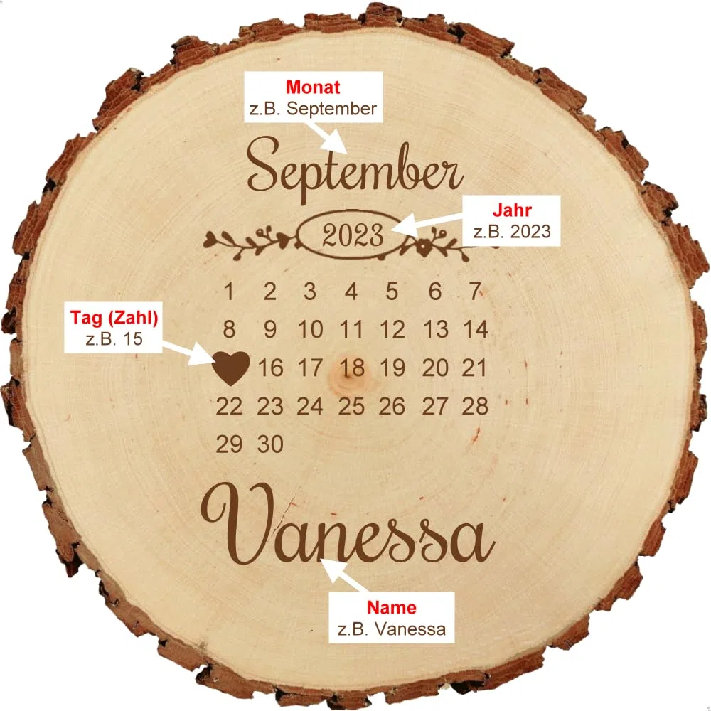 Kinder-Set 5tlg, Baumscheibe 23cm mit Gravur (Name/Datum) + personalisiertes Kinderbesteck, Geschenk-Idee zur Geburt Taufe Geburtstag, Motiv H8 Kalender