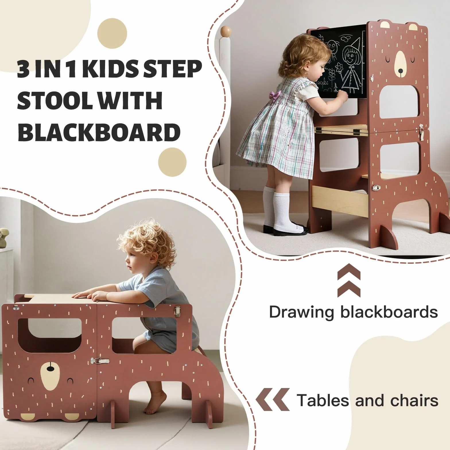 labebe lernturm ab 1 Jahr, Großformat Montessori Lernturm klappbar, 3 in 1 Multifunktion Learning Tower mit Zeichnung Kreidetafel-brauner Bär