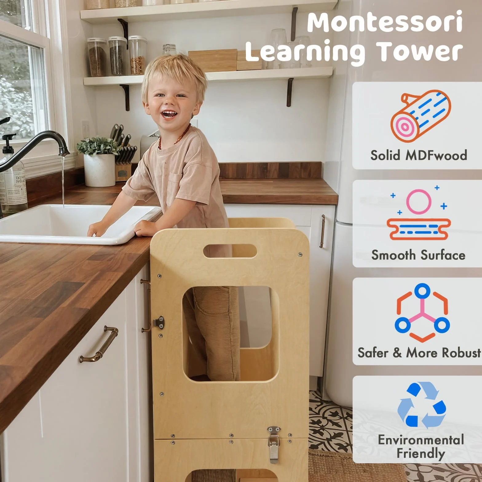 Labebe Lernturm für Kinder, Faltbarer Montessori Learning Tower, 3 in 1 Tritthocker Lernstuhl Kinderhocker mit Tafel, Montessori Küchenhelfer Lernturm ab 18 Monate (Holz)