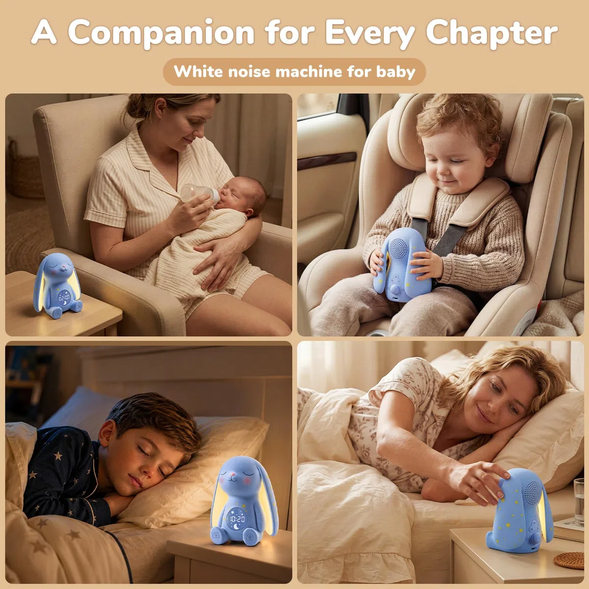MeWaii White Noise Machine Baby mit Weinen-Erkennung & Wecker, 100 Weißes Rauschen, 22 Stunden Akkulaufzeit, Süßes Nachtlicht Hase - Begleitet Baby ins Schlafen, Geschenke für Werdende Mütter