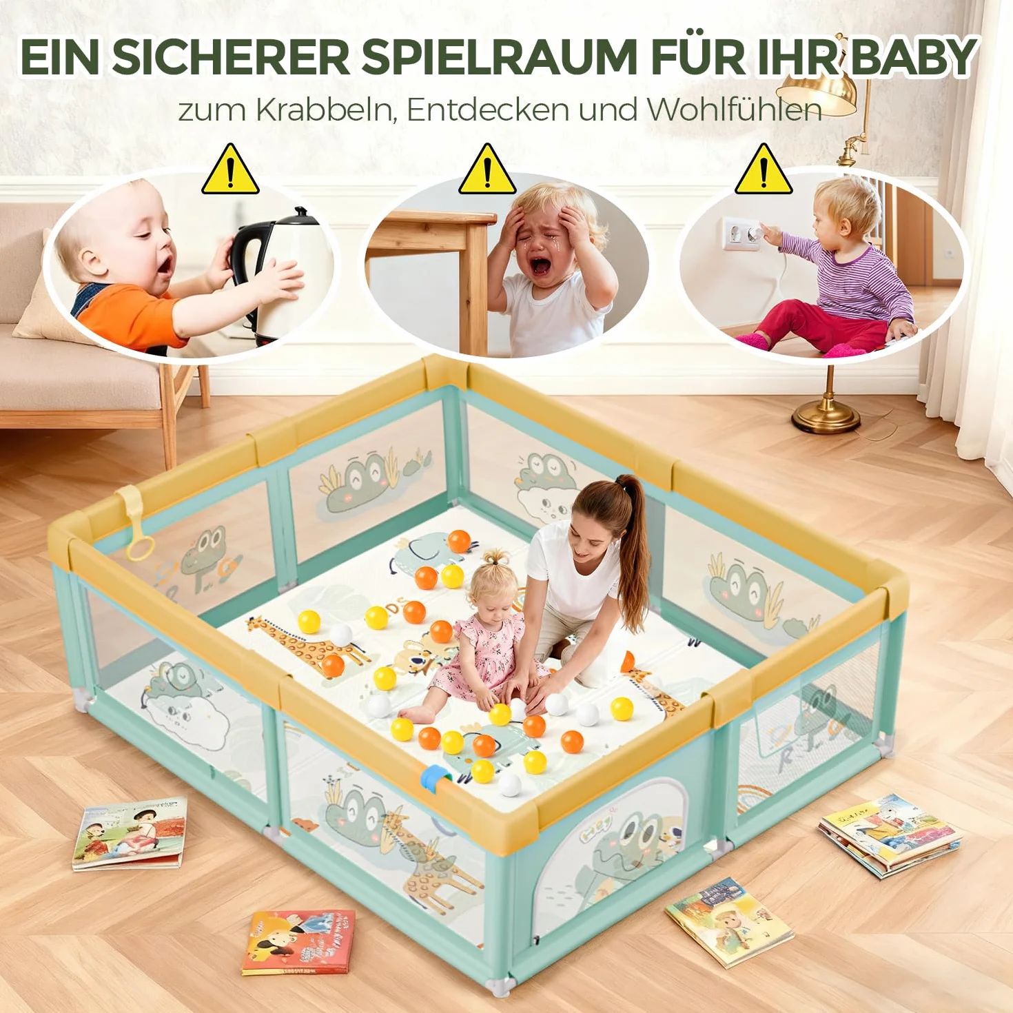 Großes Laufstall Baby Mit Matratze - Sicherer XXL Laufgitter Baby Mit Atmungsaktivem Netz, 60 Bällen, Basketballkorb, 4 Zugringen Und Einer Faltbaren Matte (Grün Krokodil, 150 x 180 x 66 cm)