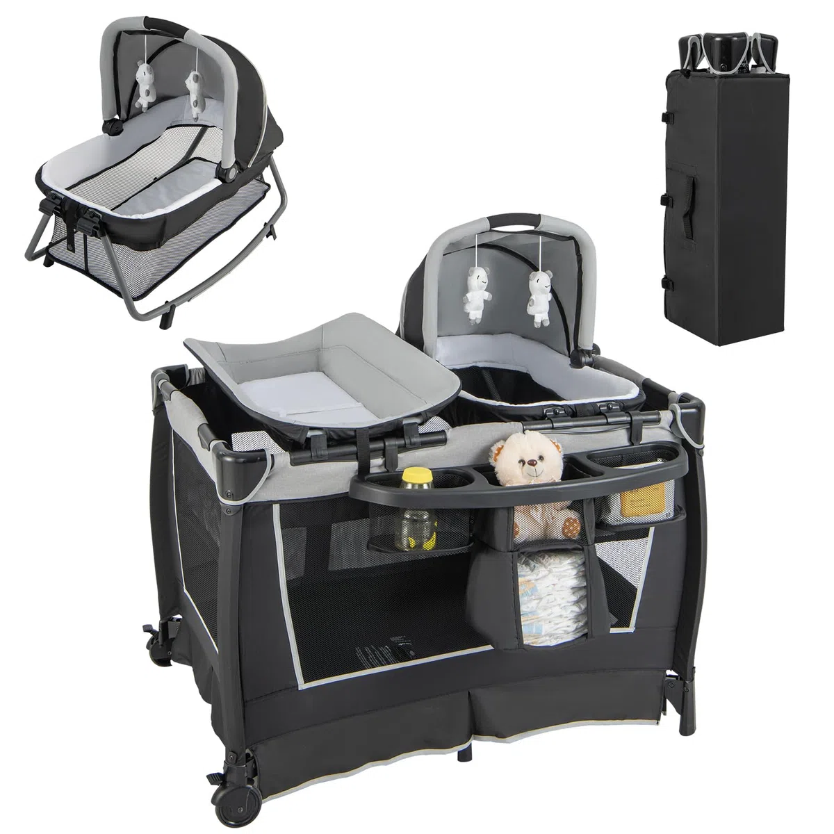 LIFEZEAL Babybett Faltbar mit Windelhalter & Tragetasche, 4 in 1 Abnehmbares Reisebett mit Matratze & Wickelauflage, Kinderreisebett mit Spieluhr & Puppe, Babywiege für 0-36 Monate (Grau)