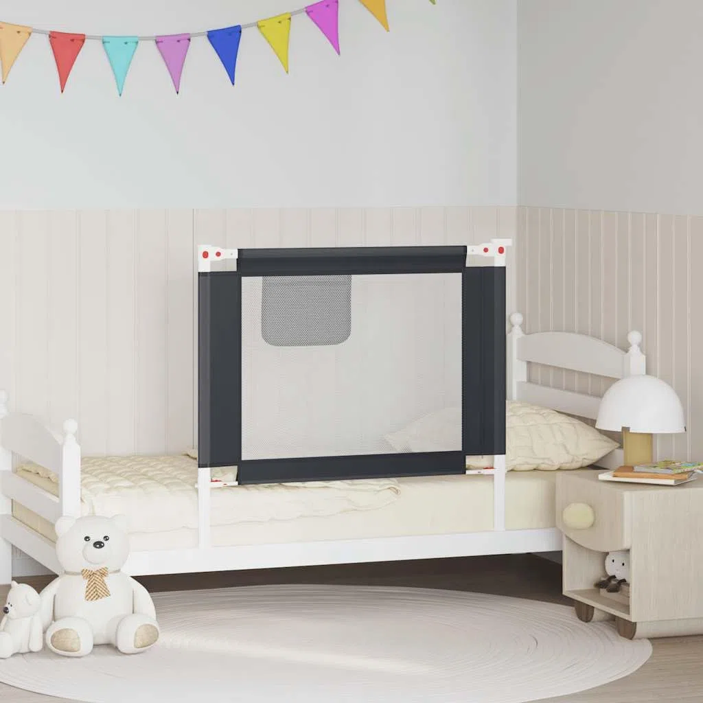 Kleinkind-Bettschutzgitter Dunkelgrau 90x25 cm Stoff mit höhenverstellbarem Seitengitter, klappbar und stabil für Kinderbett, Babybett und Elternbett als sicherer Rausfallschutz