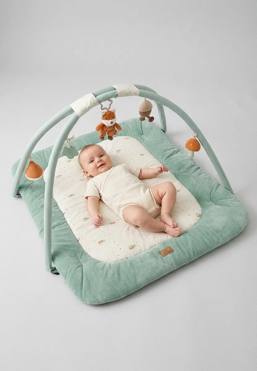 Sterntaler Spielbogen Fuchs Filou 100x80 cm - wattierte Krabbeldecke - Baby Spieldecke mit Bogen & abnehmbarem Spielzeug - mit Spiegel, Rassel & Beißring - Activity Decke - unisex- lichtgrau