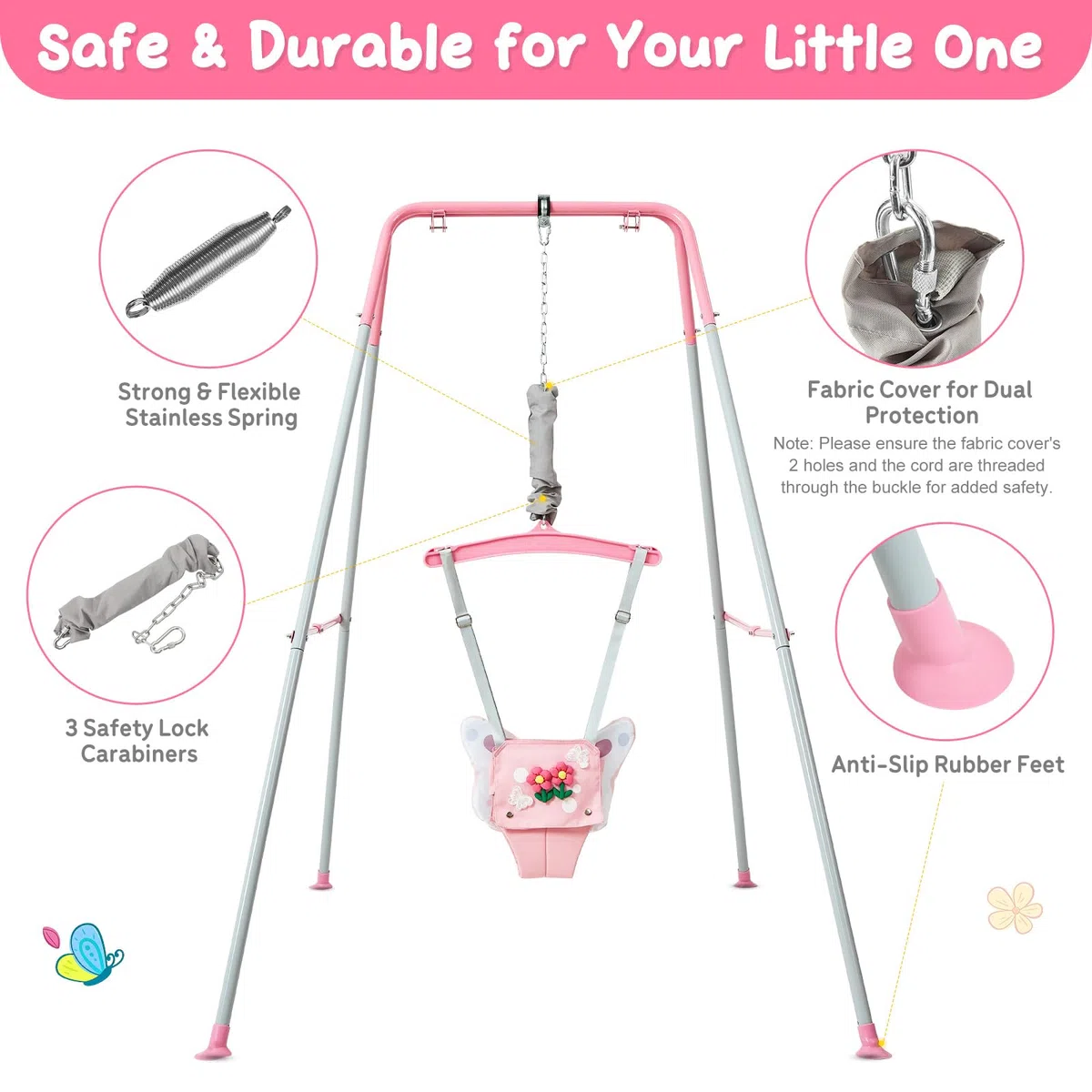 FUNLIO Baby-Hüpfsitz mit Ständer für 6–24 Monate, verstellbare Kette, Rosa Schmetterling