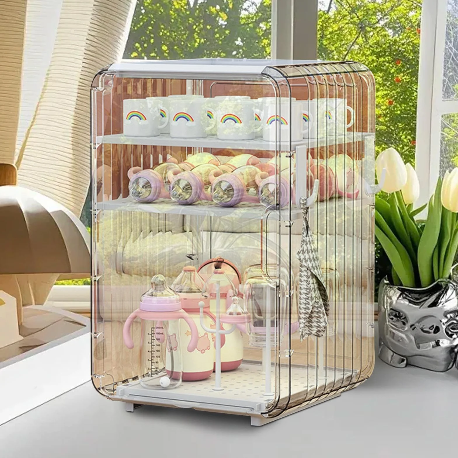 Aufbewahrungs-Organizer für Babyflaschen, Besteck, groß, staubdicht, transparent, Flaschenhalter für Tisch, Kühlschrank, Kinderzimmer, Schlafzimmer, Schrank, Schlafsaal, Badezimmer, Küche