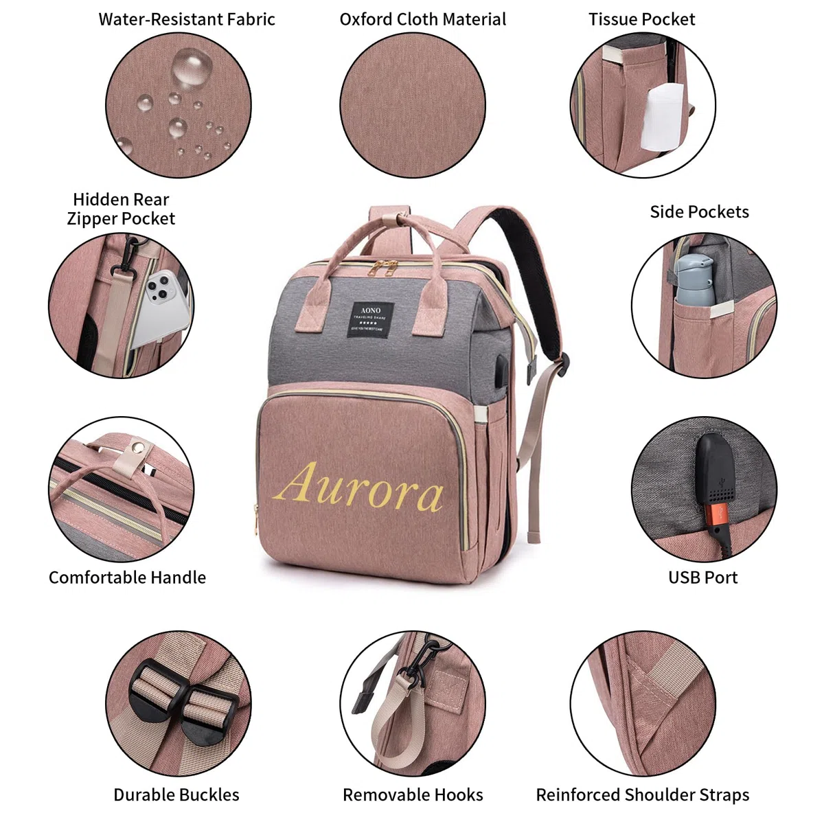 Personalisierte Wickelrucksäcke mit Wickelstation, großer Wickelrucksack mit Sonnenschutz und Spielzeugstange, Kinderwagenriemen und isolierten Flaschenfächern Babyparty-Suche, Geschenk zur Babyshower