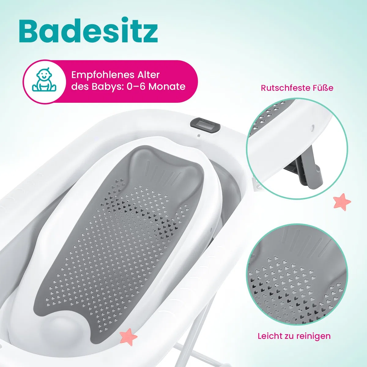 Primabobo Milo Faltbare Babybadewanne mit Gestell und Badesitz, Elektronischem LCD-Thermometer und Ablaufschlauch, Stabiles Bade-Set für Neugeborene und Babys, Grau