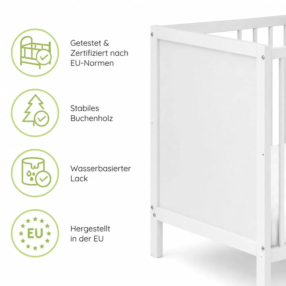 Kids Collective Babybett Kinderbett Beistellbett | Modulares Gitterbett Lattenrost 3-Fach höhenverstellbar & abnehmbare Sprossen | Baby Bett Holz Kinderzimmer | 120x60 cm | Weiß
