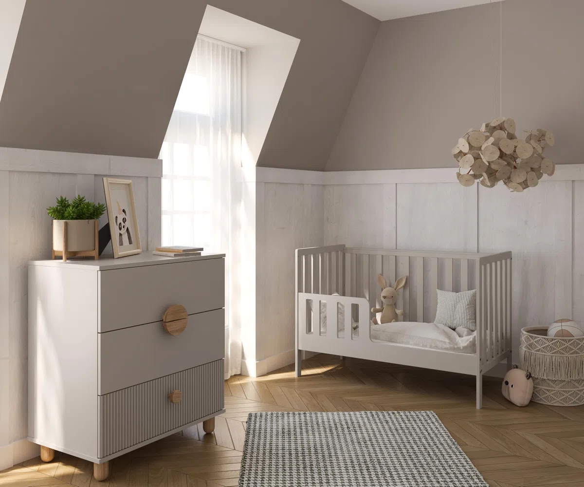 zee - Babybett Kinderbett, 2w1 Bett Bambi - Dreistufige Einstellung für Nicht Sitzendes, Sitzendes und Stehendes Kind - Zwei Abnehmbare Sprossen - mit Geländer - 60x120x86cm, Cachemire
