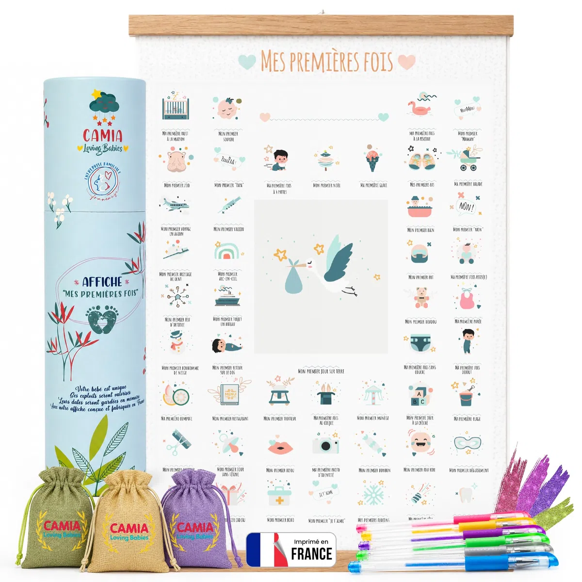 Poster "Meine ersten Male": Geschenk zur Geburt für Babys, Mädchen, Jungen, Geschenk zur Babyparty, Erinnerungsbox für Babys, Set zur Geburt, werdende Mutter (Geschenkbox + Ringe + Stifte)