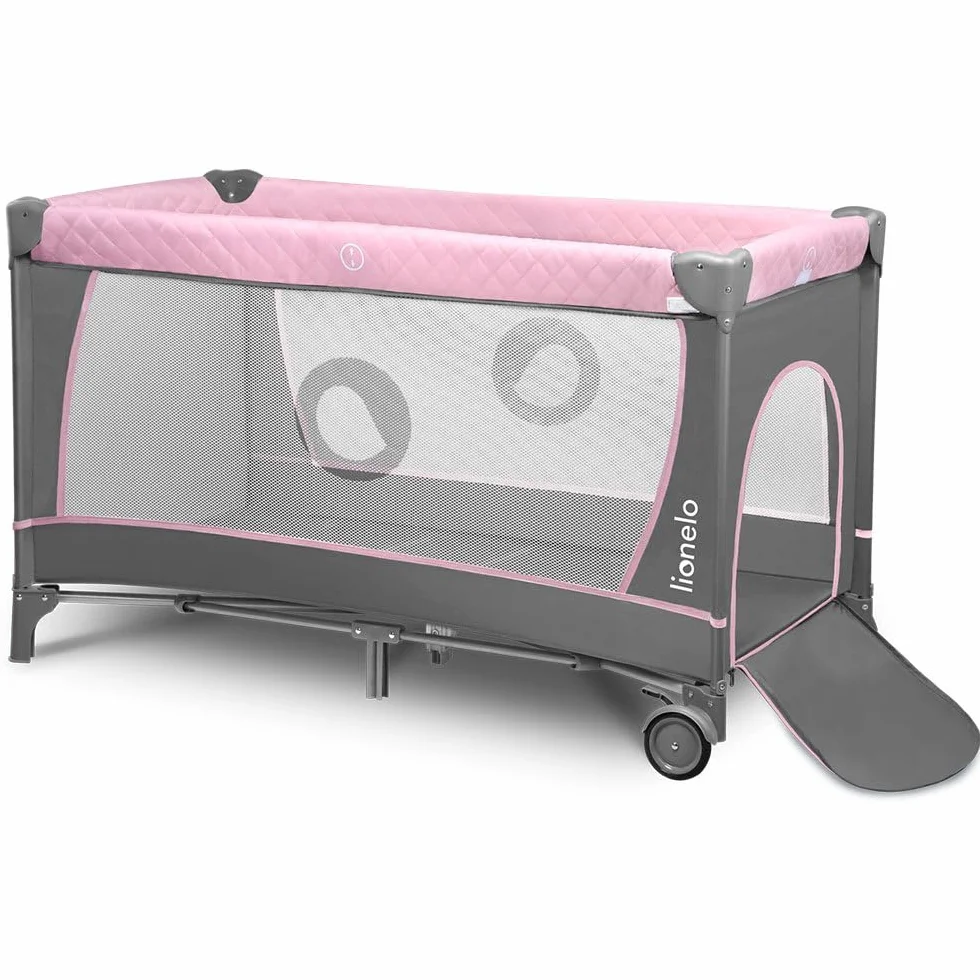 Lionelo Flower 4in1 Reisebett Baby mit Seiteneingang, Wickeltisch, Zwei Matratzenaufhängungshöhen, Spielzeugbogen mit Spielfiguren, Rollen, Tragetasche