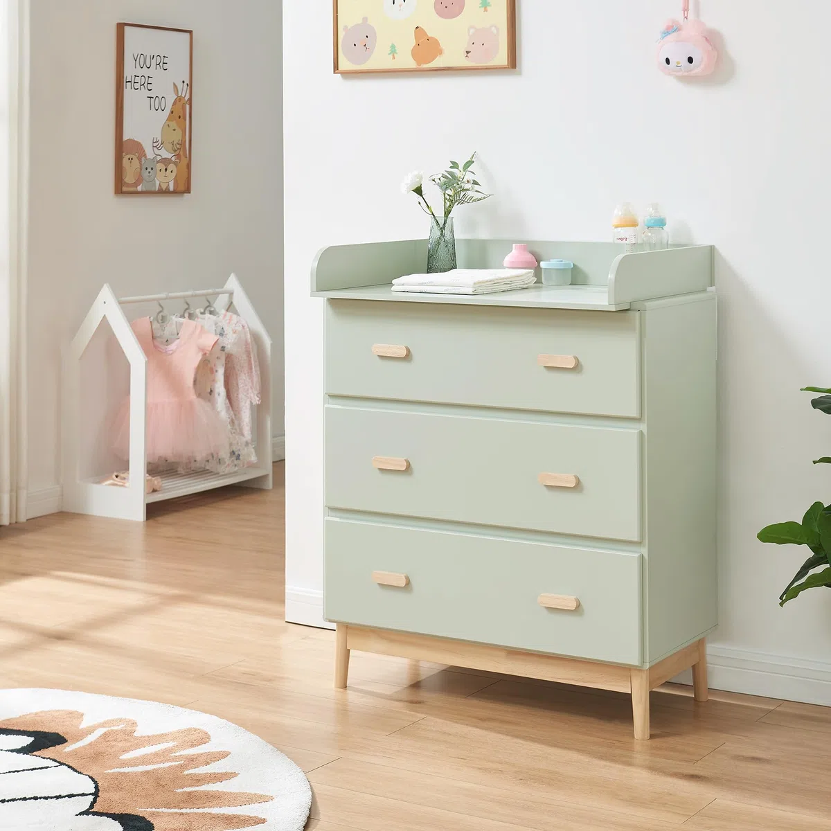 [en.casa] Wickelkommode Sarievn 100 x 80 x 53 cm Wickeltisch mit abnehmbarer Wickelauflage Kommode mit 3 Schubladen Mintgrün