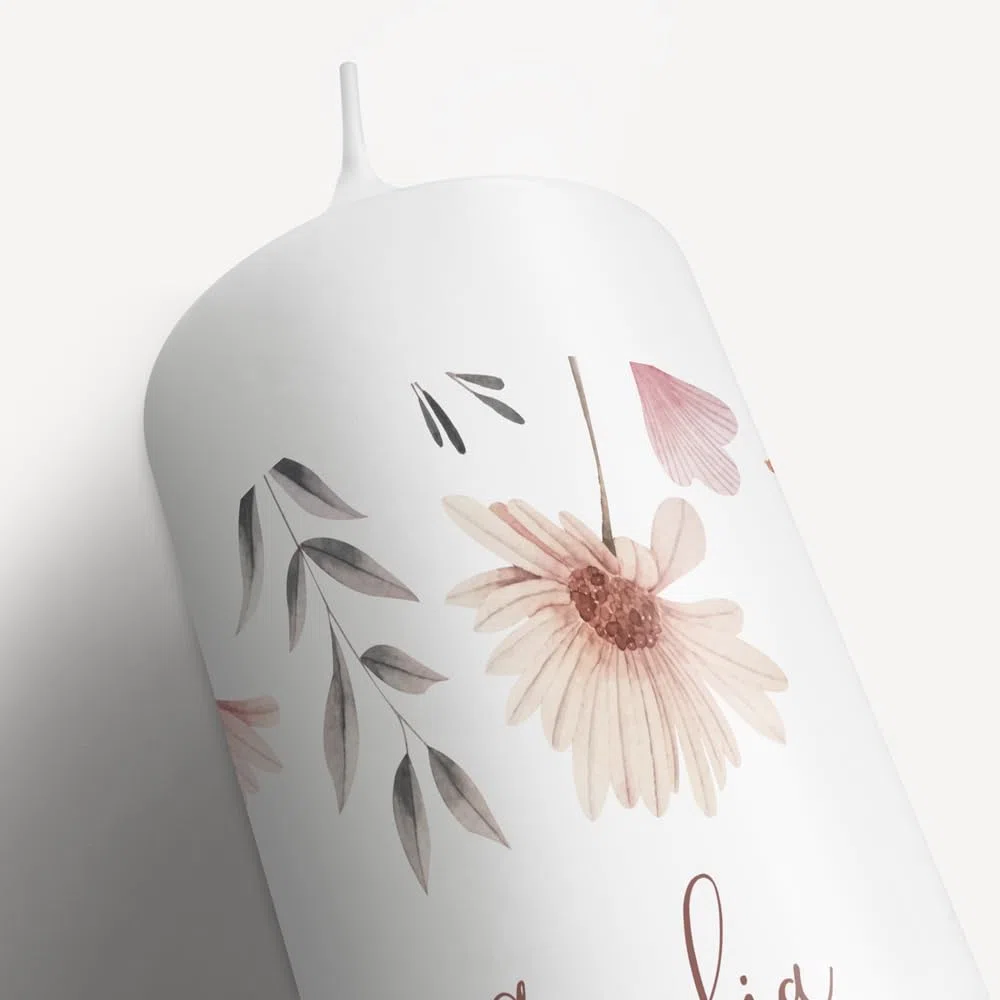 Taufkerze Mädchen Blumen modern personalisiert mit Namen & Taufspruch, online selbstgestalten, inkl. Jutebandverzierung