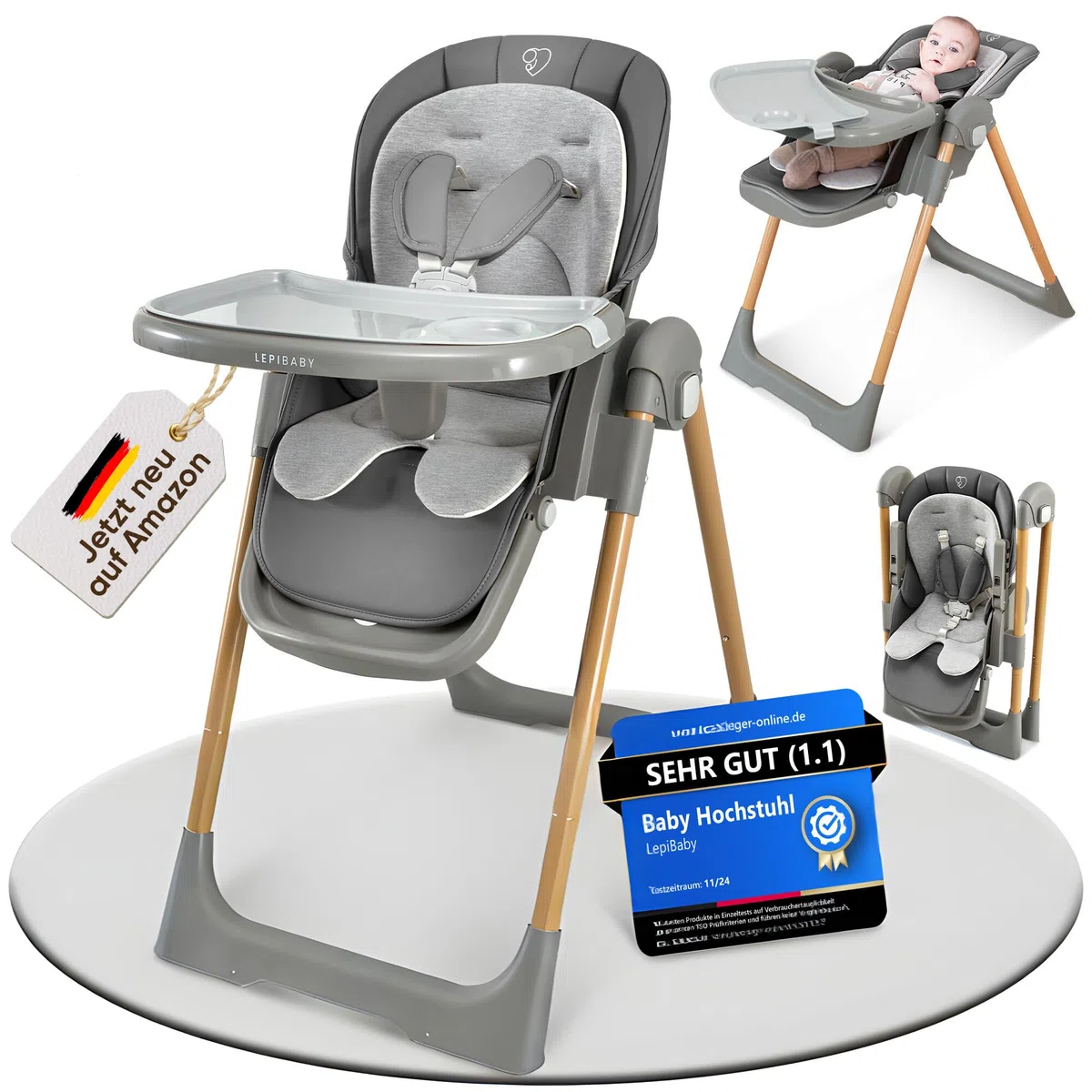 FlexiCo Hochstuhl Baby mit Liegefunktion & Neugeborenenaufsatz, Klappbar & Höhenverstellbar, Grau