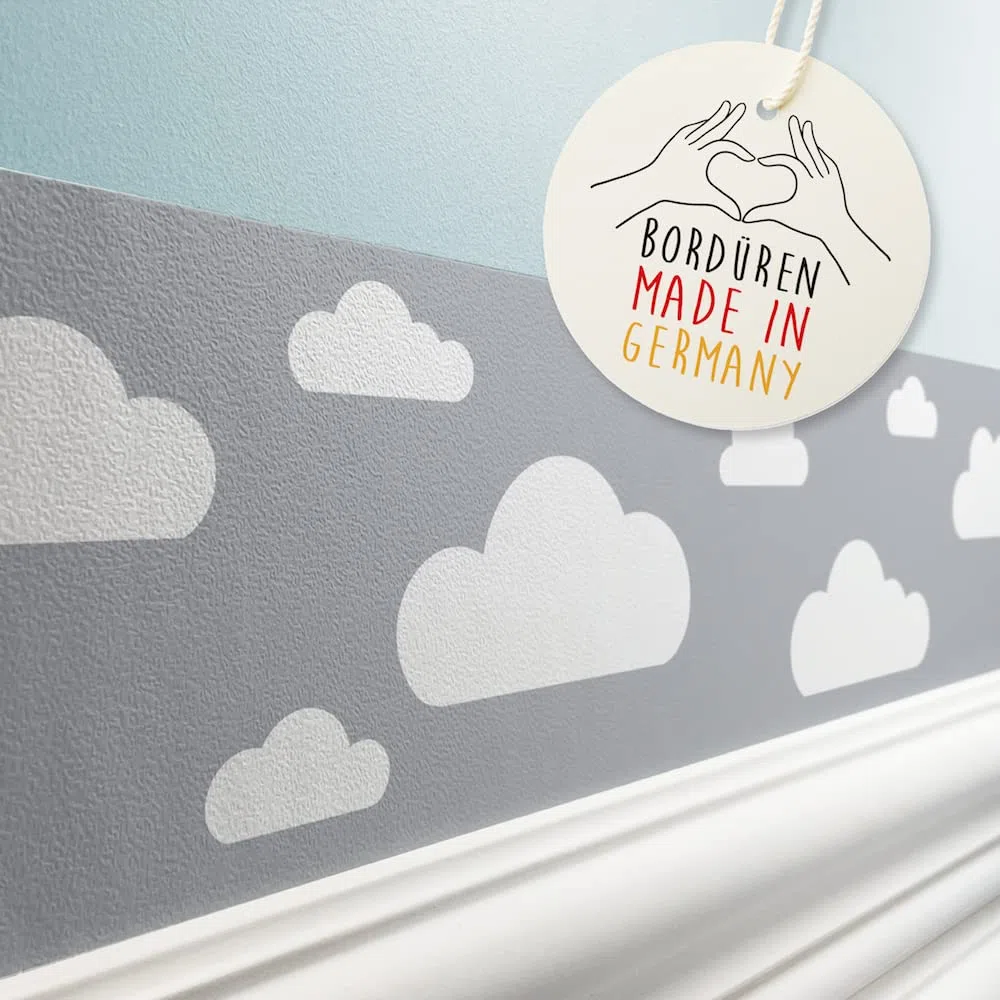 Bordüre selbstklebend WOLKE GRAU - Wandbordüre Kinderzimmer Babyzimmer mit Wolken - Wandtattoo Schlafzimmer Junge – Wanddeko Baby Kinder