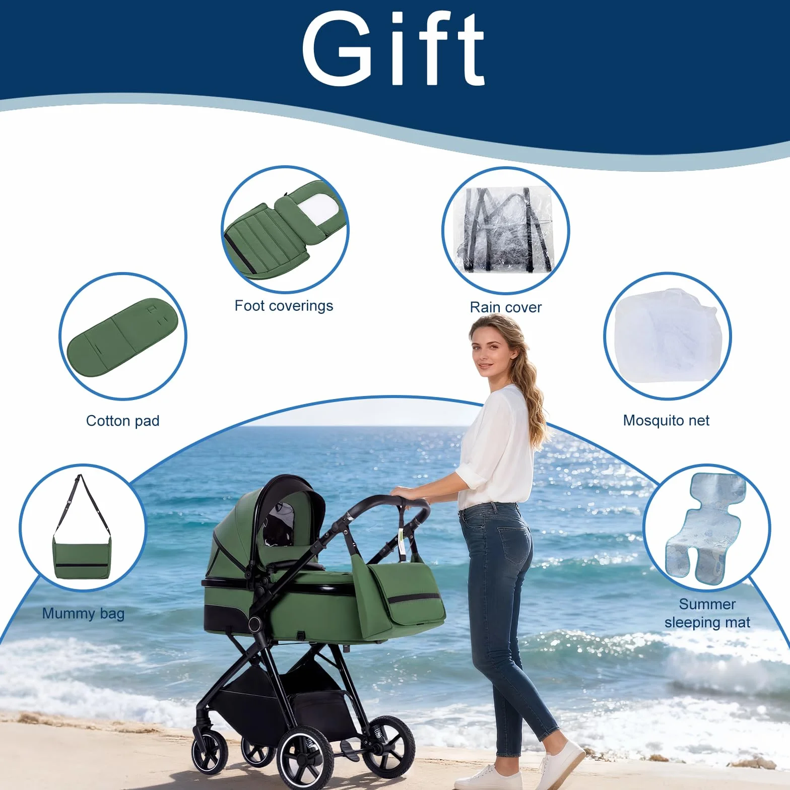 Kinderwagen 3 in 1, Buggy Klein Zusammenklappbar mit Moskitonetz und Regenschutz, Reise Kinderwagen mit Verstellbarer Griff, Räder aus PU, Geeignet für 0-3 Jahre