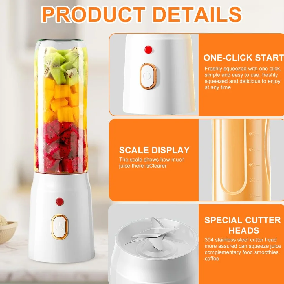 Tragbarer Mixer Smoothie Maker to go, 500ml Portable Blender Mixer mit 10-Klingen, Tragbarer saftmixer mit Mini Beikostbecher mit deckel USB Wiederaufladbarer für Saft Shake Smoothie und Babynahrung