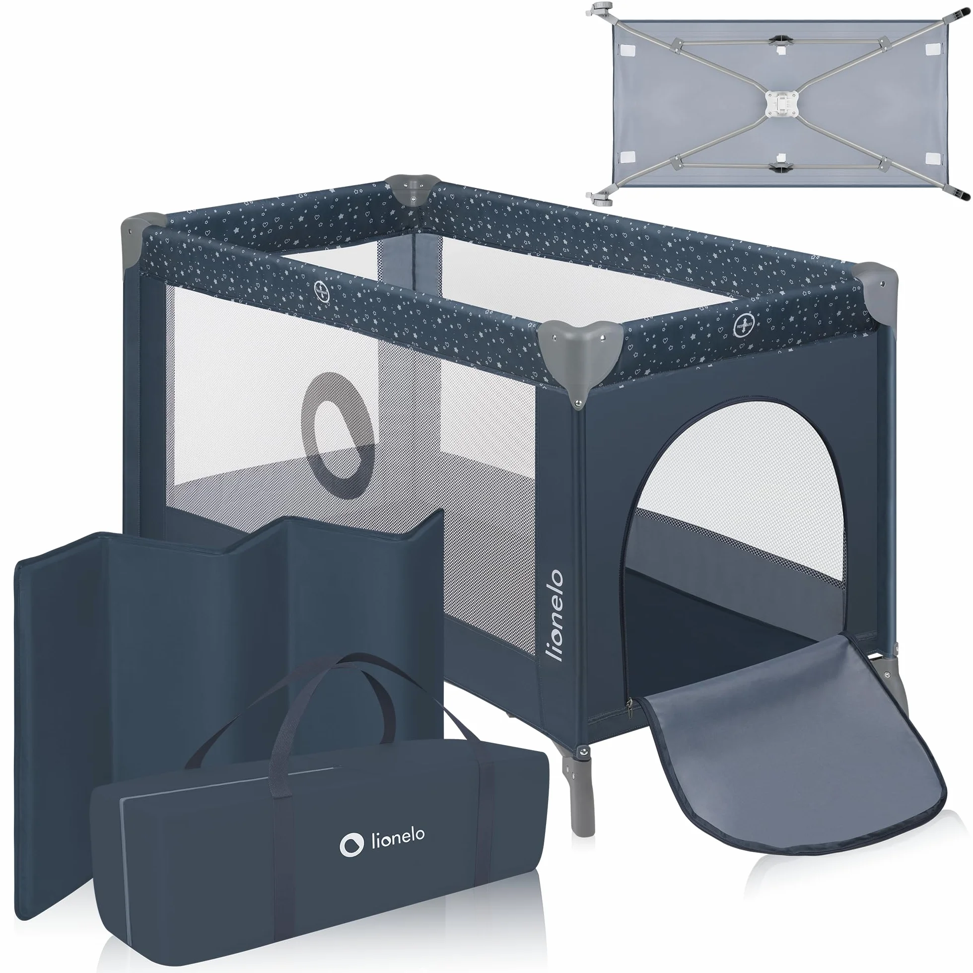 Lionelo Stefi Baby Kinderbett, Reisebett ab Geburt bis 15 kg, Seiteneingang, Sicherungssystem LockGuard, Blockade der Räder, Tragetasche, zusammenklappbar
