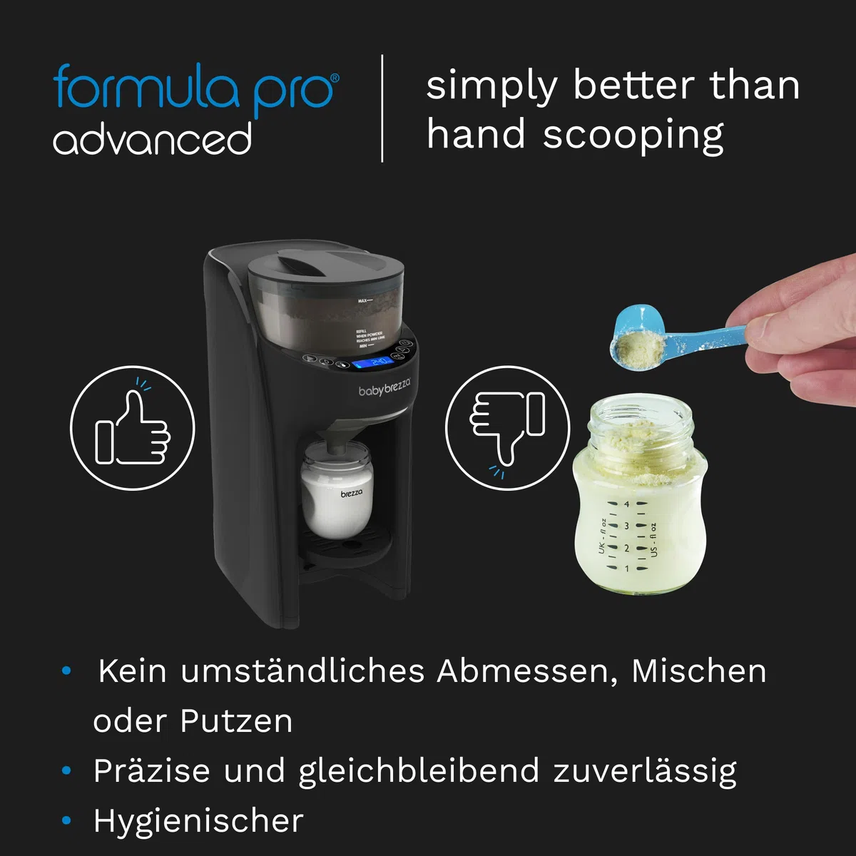 Baby Brezza Formula Pro Advanced – Automatischer Flaschenzubereiter | Mischt Milchpulver & Wasser perfekt – Mit 2 Milchpulvertrichtern (1 im Gerät, 1 extra) – 3 Temperaturen – BPA-frei – schwarz