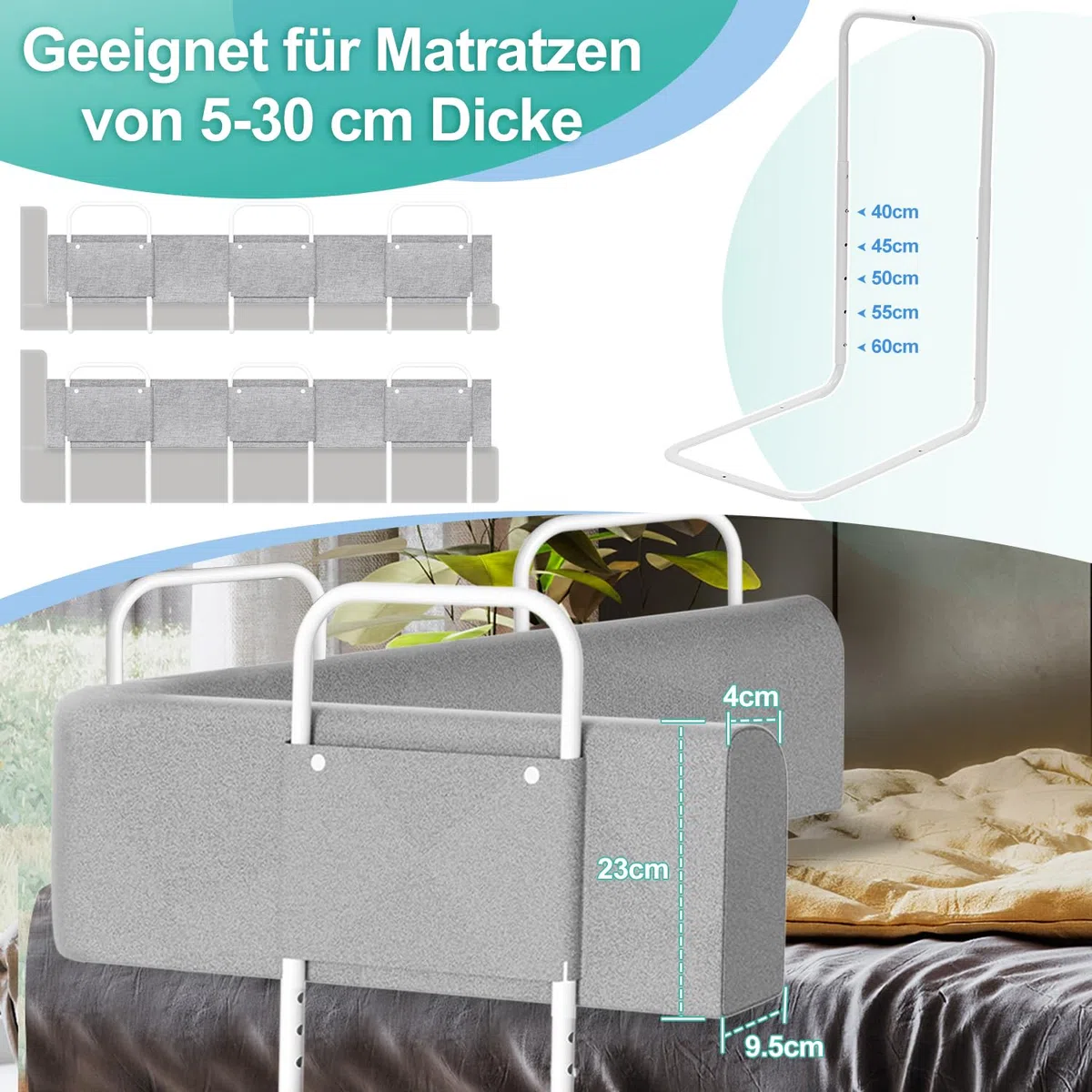 2xBettgitter für Kinder 180cm, Bettschutzgitter 5-Loch Höhenverstellbar, Rausfallschutz Bett, Kinderbettgitter, klappbar Bettgitter, Einfach zu Montieren, Grau