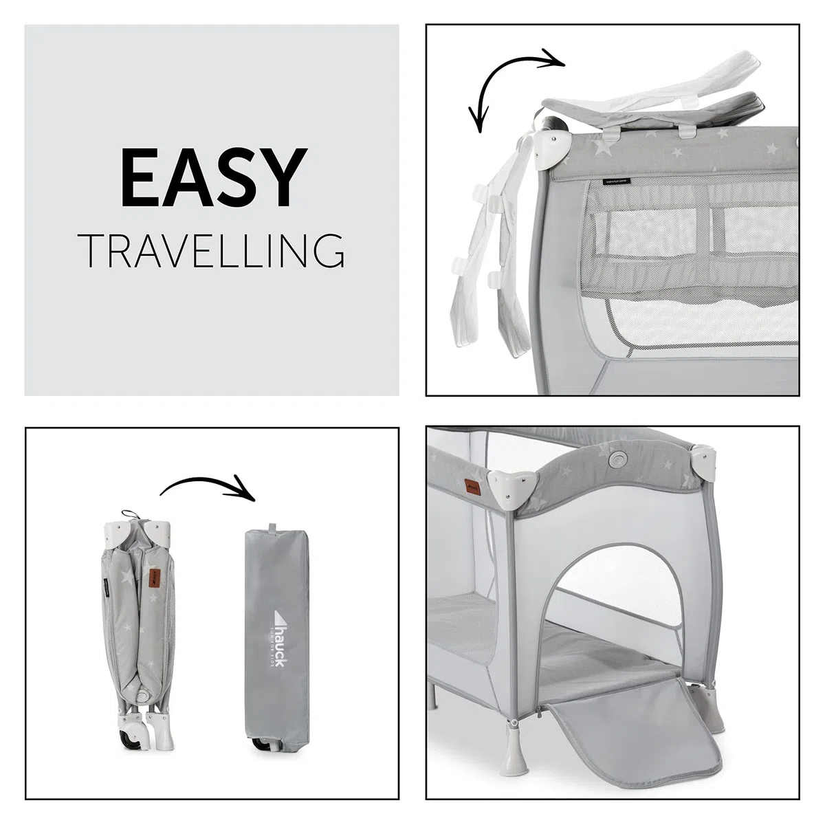 Hauck Sleep N Play Center Stars – Reisebett-Set mit Wickelunterlage, Neugeborenenhöhe, Luke, Rollen & Reisetasche, schnell & kompakt faltbar, ab Geburt bis 15 kg, 120 cm x 60 cm
