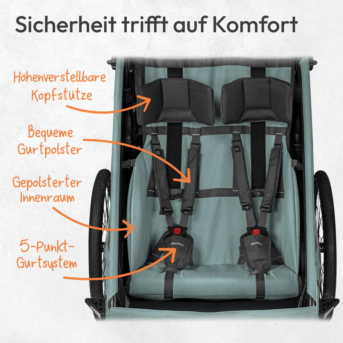 Qeridoo QUPA 2 Plus Mineral Blue | Fahrradanhänger für 2 Kinder mit Federung & 3-in-1-Verdeck | Kinderfahrradanhänger & Jogger Kinderwagen | Faltbarer Fahrrad Anhänger für Familie & Alltag