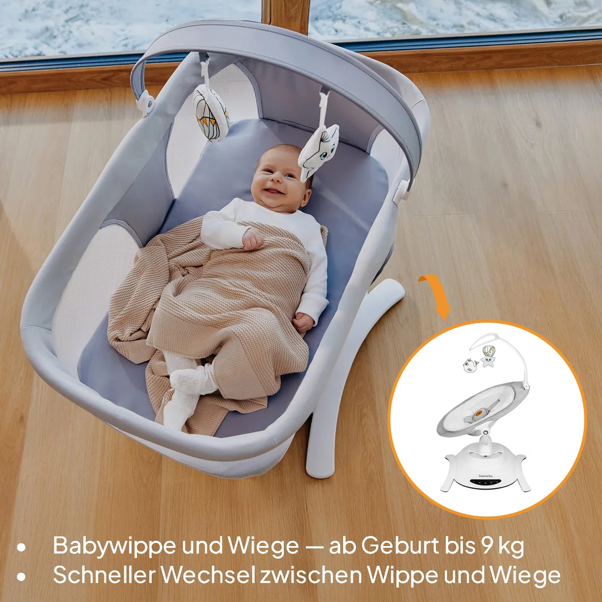 LIONELO Bella Set 2-in-1 Elektrische Babywippe mit Babywanne 360o für Babys bis 9 kg, verstellbare Rückenlehne, 5 Schaukelgeschwindigkeiten Anti-Rutsch Sicherheitsgurt
