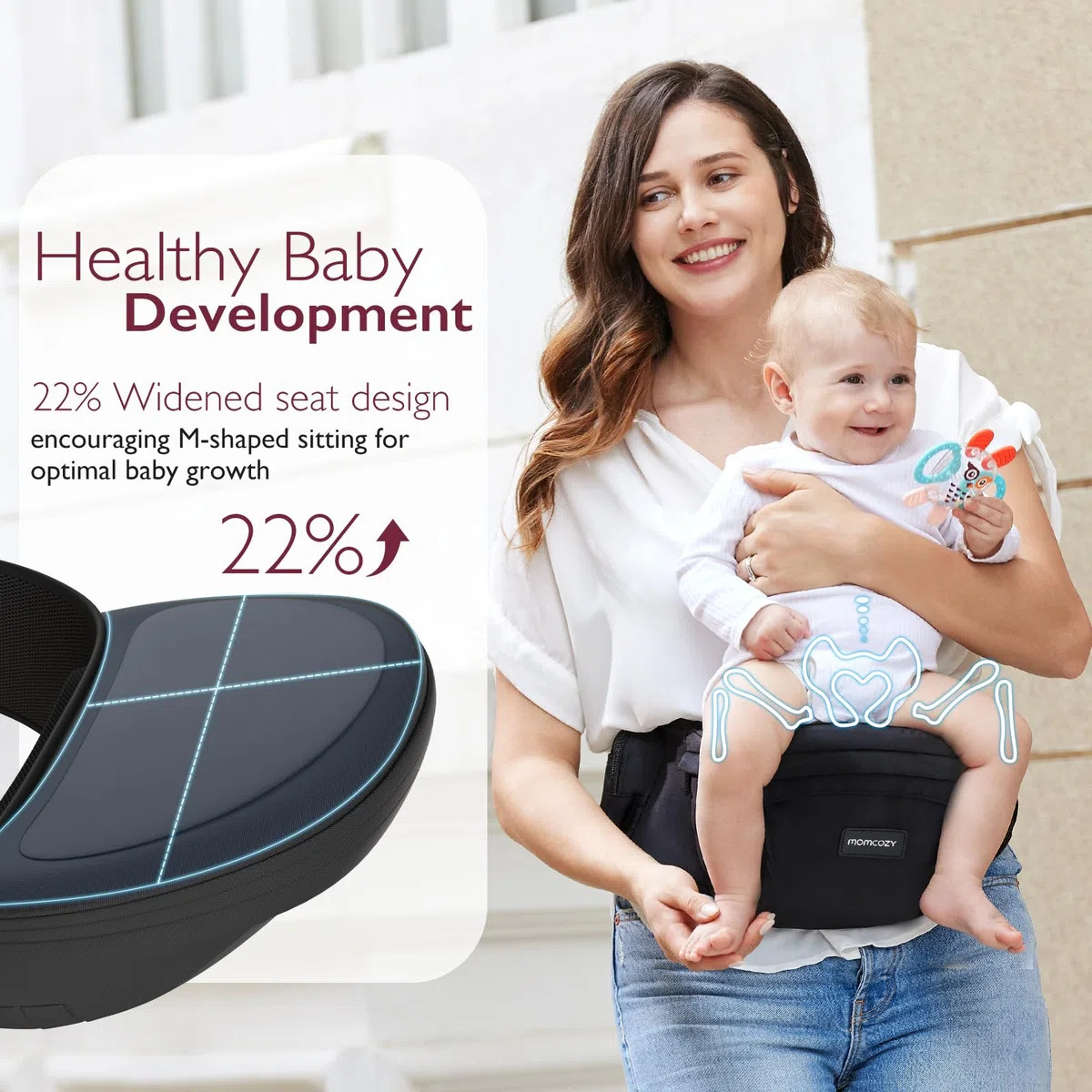 Momcozy Hüfttrage Baby - Originaler 3D-Bauchschutz & EVA-Massageplatte, Ergonomische Babytrage mit Taschen für Neugeborene und Kleinkinder bis 20 kg, Leichtgewicht (Schwarz, Mittelgroß)