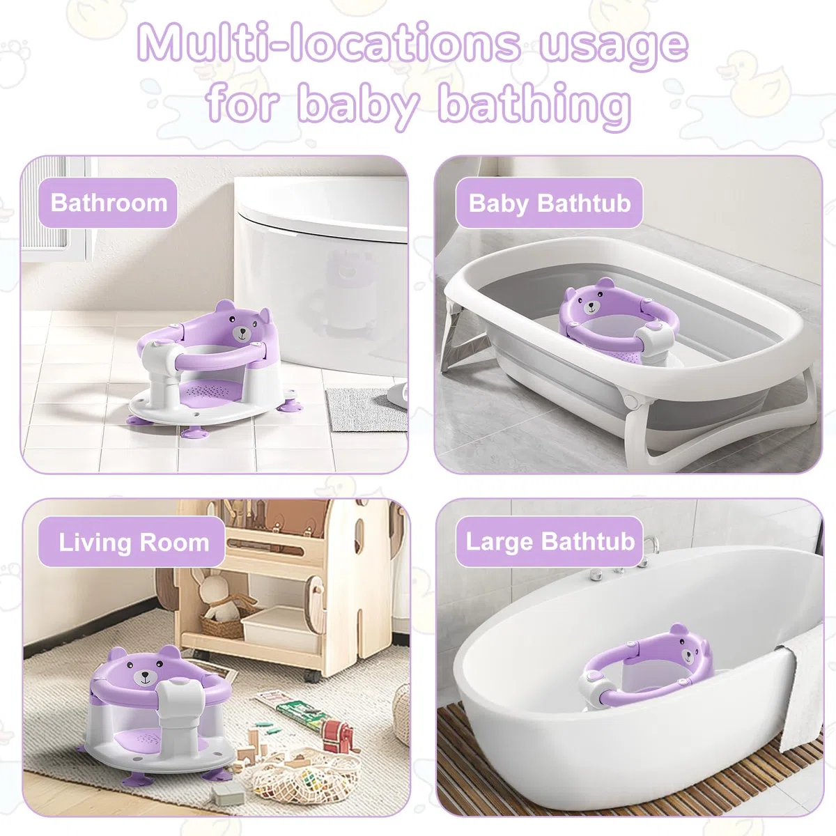 Badewannensitz Baby ab 6 Monate, Bär Rutschfester Badesitz Baby mit 4 Saugnäpfen und Kissen für Kleinkinder und Neugeborene, Sicherer Tragbarer Badstuhl für Dusche oder Badewanne, Lila