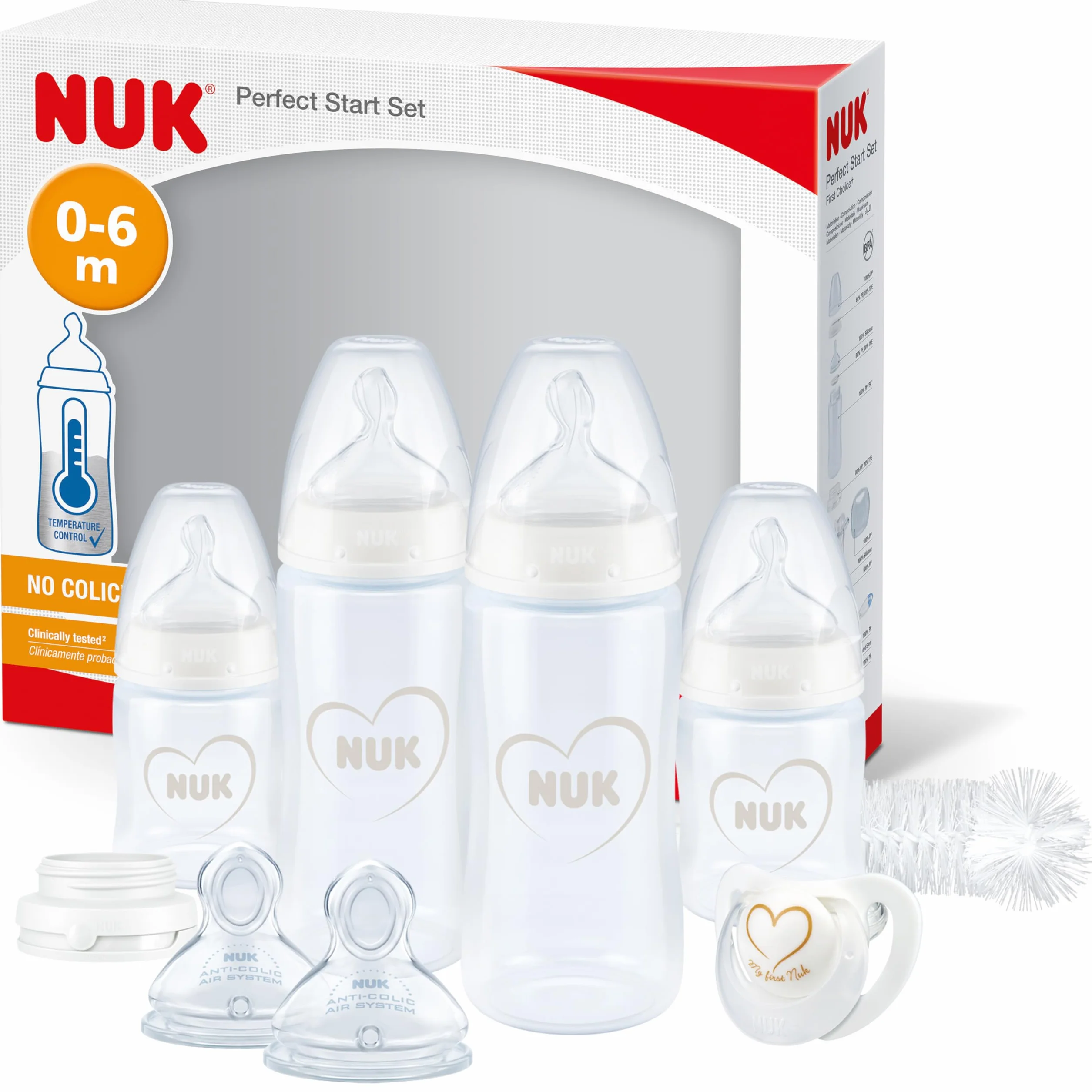 NUK Perfect Start First Choice+ Babyflaschen-Set | 0–6 Monate | 4 x Flaschen mit Temperaturkontrolle, Schnuller, Flaschenbürste & mehr | BPA-frei | grau & weiß | 10-teilig